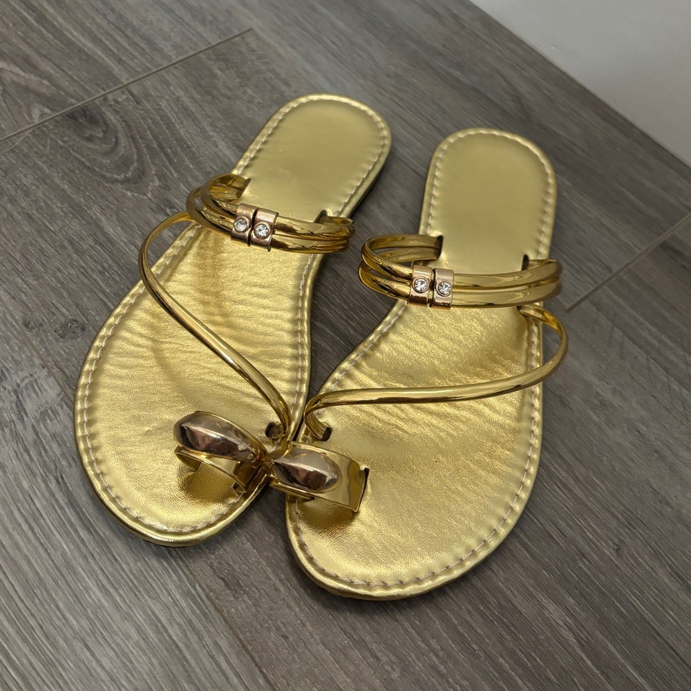 Gold Metallic Strappy Flat Sandals | Rhinestone Detail Minimal Slides
